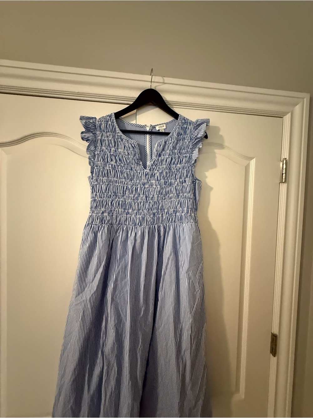 J. Crew Blue and White Striped Smocked Midi Dress